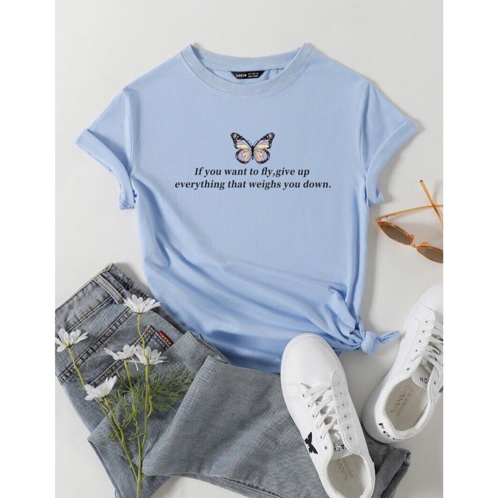 SHEIN Butterfly & Slogan Print Short Sleeve Tee